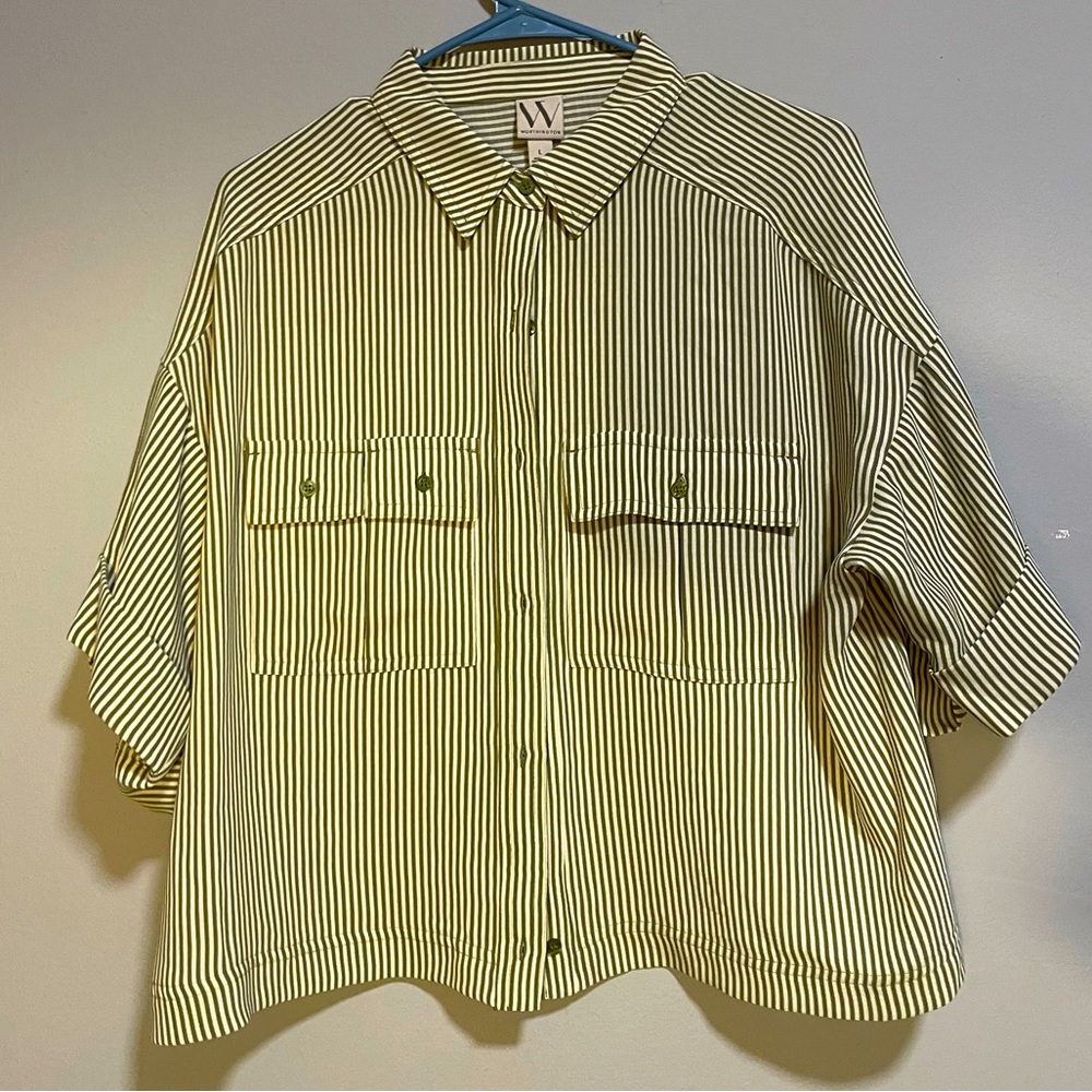 Olive and white striped blouse.